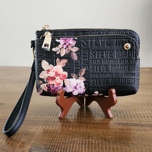Steve Madden Black and Pink Floral Wristlet